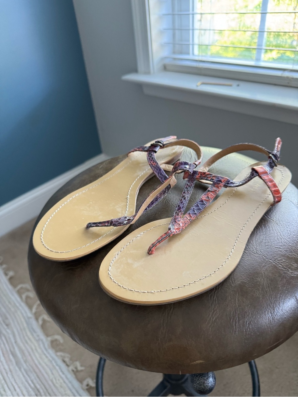 Nine West Pink and Purple Snakeskin-Pattern Thong Sandals
